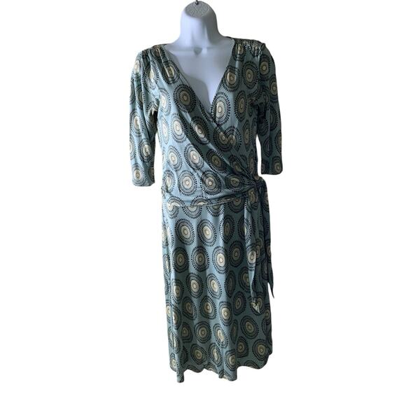 Ann Taylor Casual Wrap Dress Women 4 Sleeve Midi V-Neck Stretch Bullseye Pattern - Picture 1 of 10